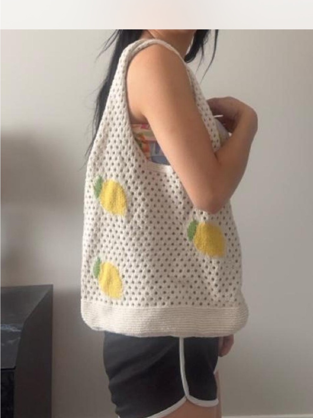 Cream Crochet Tote with Yellow Lemon Motifs